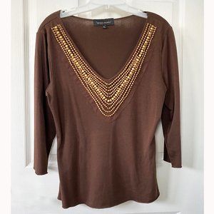 “Design Works” Size Large, cocoa brown color“V” neck, knit jersey pullover top